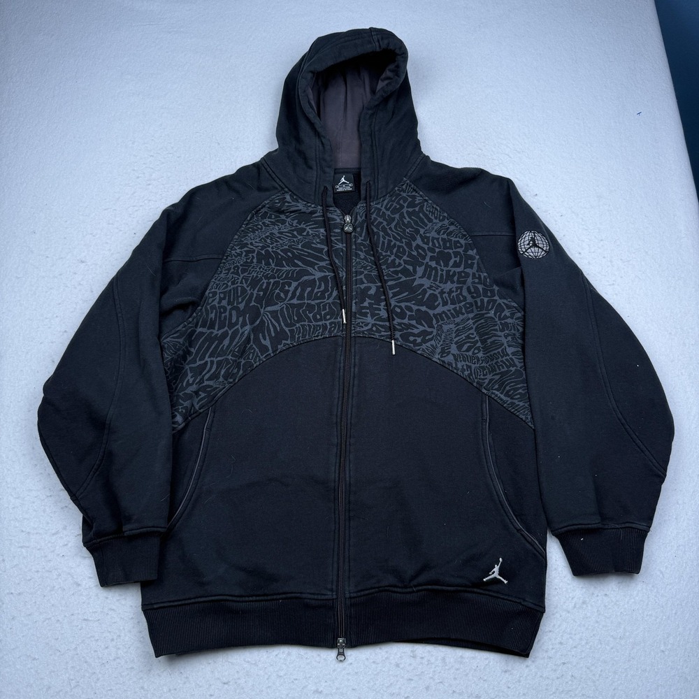 Jordan Hoodie Mens Medium Black Full Zip Fleece Graphic Panel Print 2007